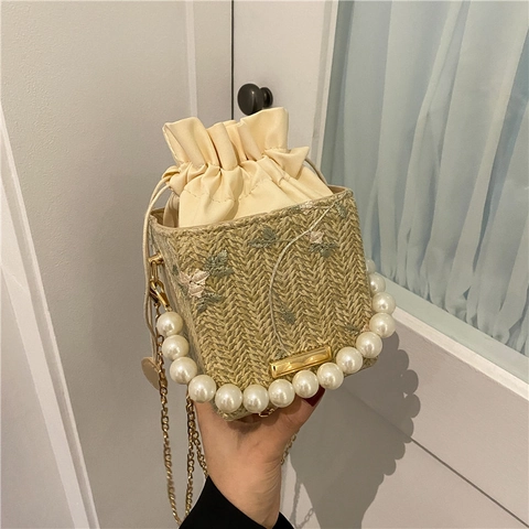 Bolso de Paja Tejido para Mujer Asa de Perla Artificial Bordado Floral Bolso Bandolera Cordón Verano Playa Bolso de Hombro