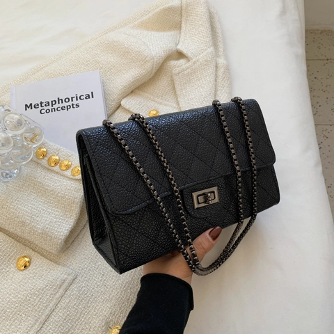 Women Black PU Leather Quilted Shoulder Bag Chevron Chain Small Square Crossbody Bag Lock Daily Fashion Street Trend