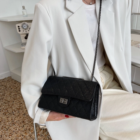 Women Black PU Leather Quilted Shoulder Bag Chevron Chain Small Square Crossbody Bag Lock Daily Fashion Street Trend