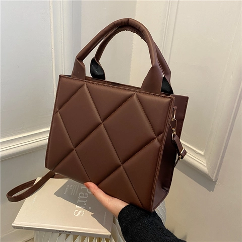 Western Retro Women PU Leather Rhombic Quilted Small Square Bag Solid Color Handbag Shoulder Crossbody Messenger Bag Fashion