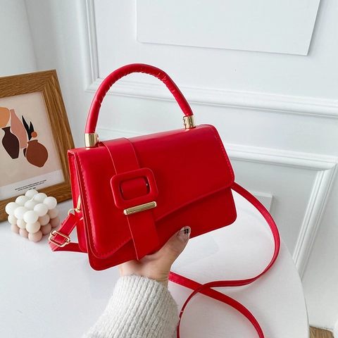 European Vintage PU Leather Mini Square Shoulder Bag For Women Fashion Solid Color Crossbody Bag With Large Square Buckle