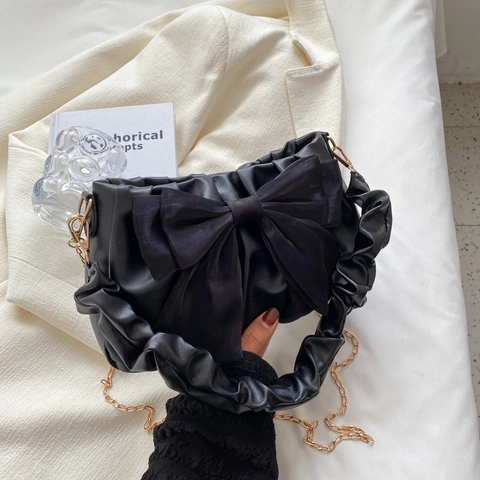 Borsa a Spalla Plissettata Con Fiocco di Moda Per Donna in Pelle PU e Raso Borsa Sottobraccio Elegante Borsa a Mano Con Catena di Metallo
