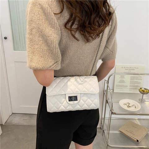 Donna Trapuntata Romboidale Catena Borsa a Spalla Vintage PU Pelle Quadrata Crossbody Borsa Tinta Unita Moda Piccola Handbag