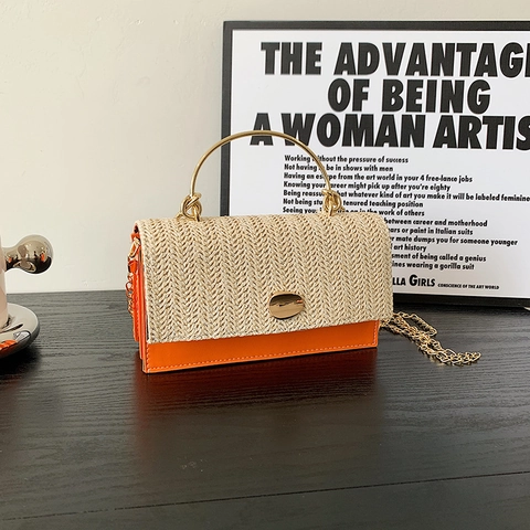 Sac à Épaule Patchwork Tissé d'Été pour Femmes Mode PU Cuir Crossbody Sac Carré Avec Poignée en Métal et Chaîne