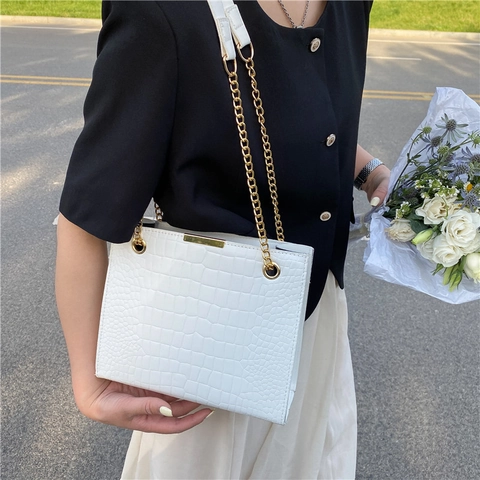 Sac à Bandoulière pour Femme Motif Crocodile Cuir Synthétique Chaîne Dorée Grande Capacité Cabas Sacoche Quotidienne