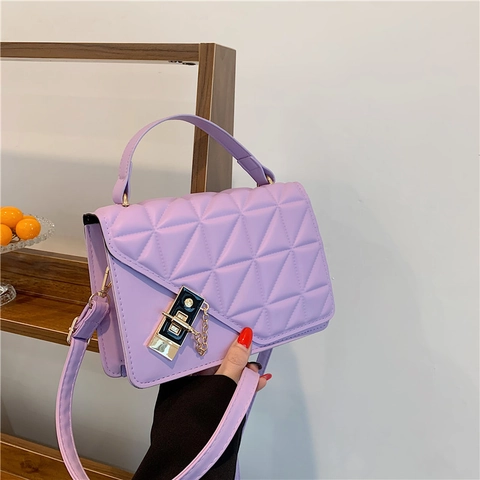 Vintage Damen PU Leder Rautensteppung Schultertasche Mode Verschluss Kette Dekor Umhängetasche Handtasche