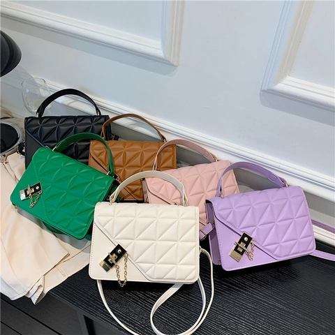 Women Quilted PU Leather Shoulder Bag Fashion Geometric Pattern Crossbody Bag With Metal Chain Lock Handbag For Daily