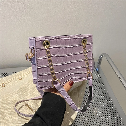 Bolso Cuadrado Pequeño de Mujer Vintage Patrón de Piedra Cuero PU Textura de Cocodrilo Bolso de Hombro Con Cadena Oro