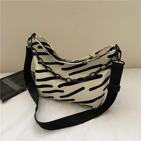 Große Kapazität Segeltuch Zebramuster Tote Tasche Für Damen Mode Einfache Schulter Umhängetasche Mit Kettendekoration Minimalistische Pendler Handtasche