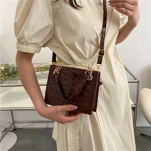 Bolso Cuadrado Pequeño de Mujer Vintage Patrón de Piedra Cuero PU Textura de Cocodrilo Bolso de Hombro Con Cadena Oro