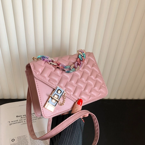 Bolso de Hombro de Mujer de Moda de Cuero de PU Acolchado Con Cadena de Arco Iris Bolso de Mensajero Pequeño Bolso Cuadrado de Color Sólido