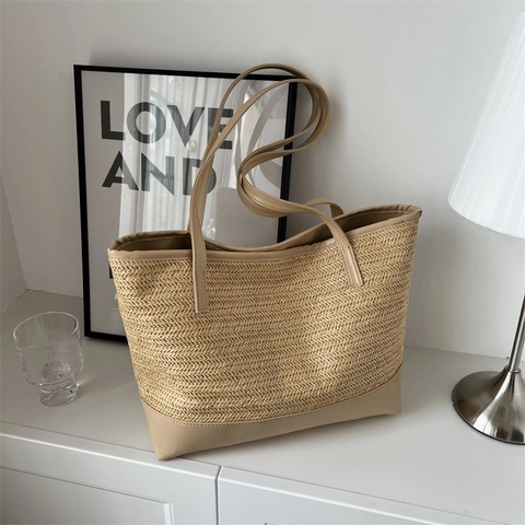 Bolso Tote de Paja Tejida para Mujer de Gran Capacidad Bolso de Hombro Casual de Playa Con Patchwork de Cuero PU Color de Contraste