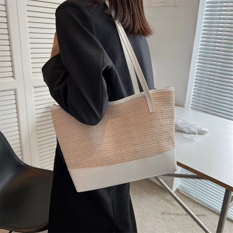 Bolso Tote de Paja Tejida para Mujer de Gran Capacidad Bolso de Hombro Casual de Playa Con Patchwork de Cuero PU Color de Contraste