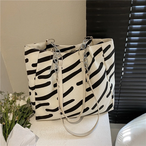 Damen Große Kapazität Segeltuch Tragetasche Zebra Streifen Muster Umhängetasche Mit Metallkette Lässig Alltag Pendeln Mode Handtasche
