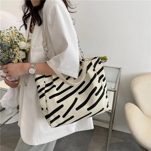Damen Große Kapazität Segeltuch Tragetasche Zebra Streifen Muster Umhängetasche Mit Metallkette Lässig Alltag Pendeln Mode Handtasche