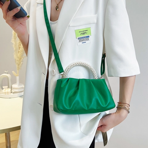 Bolso de Nube Plisado para Mujer Con Asa de Perla Artificial Color Sólido Cuero PU Bolso de Hombro Elegante