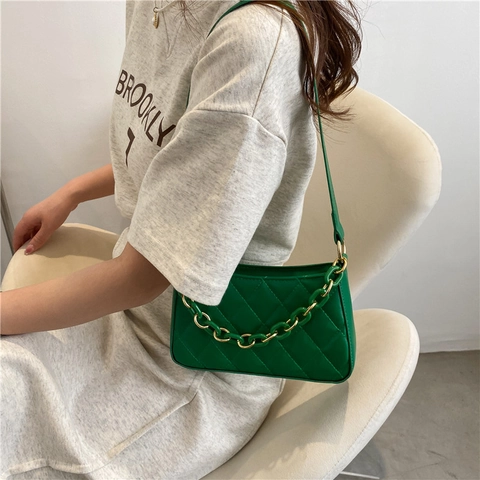 Women Quilted Diamond Chain Underarm Bag PU Leather Retro Fashion Small Square Shoulder Bag Trendy Solid Color Purse