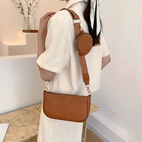 Borsa Baguette in Pelle PU Goffrata Rétro Per Donna Con Portamonete Rotondo Rimovibile Tracolla Larga Regolabile Borsa a Spalla