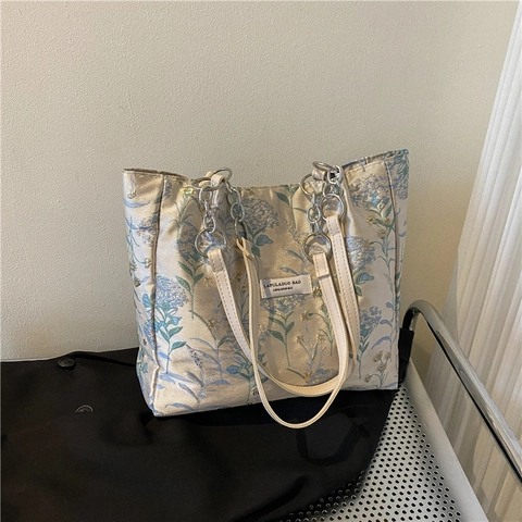 Borsa Tote da Donna a Grande Capacità con Stampa Floreale Vintage in Nylon Stampato Borsa a Tracolla con Catena Casual Fashion Handbag