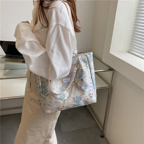 Borsa Tote da Donna a Grande Capacità con Stampa Floreale Vintage in Nylon Stampato Borsa a Tracolla con Catena Casual Fashion Handbag