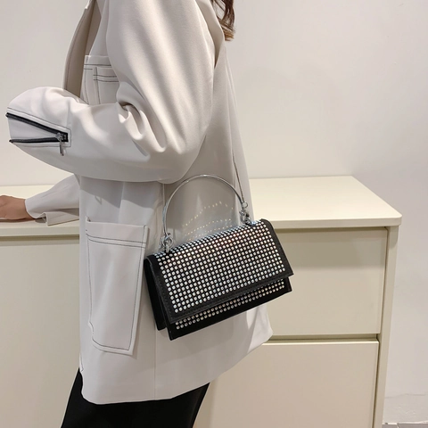 Rhinestone Small Square Crossbody Bag For Women Luxury Sparkling Chain Evening Handbag PU Leather Metal Handle Party Shoulder Bag