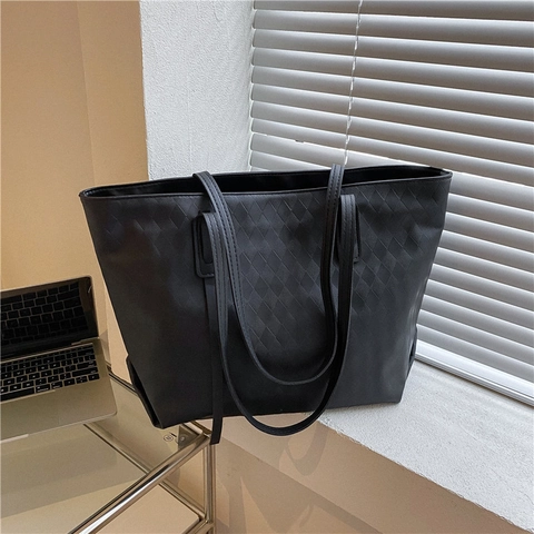 Damen Große Kapazität PU Leder Gewebte Textur Tote Bag Rautengitter Street Style Schultertasche Täglich Pendeln Handtasche