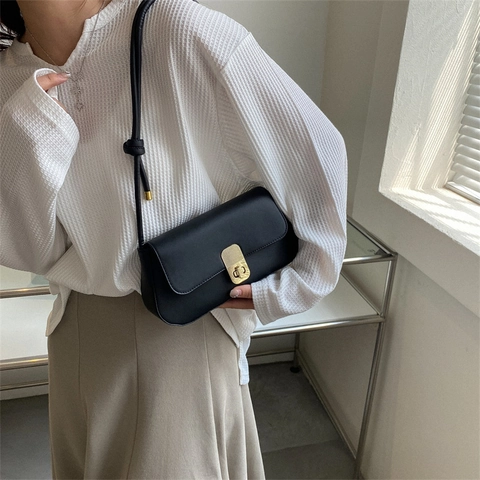 Vintage PU Leather Underarm Bag For Women Minimalist Solid Color Shoulder Bag With Gold Metallic Lock Knotted Strap Fashion Handbag
