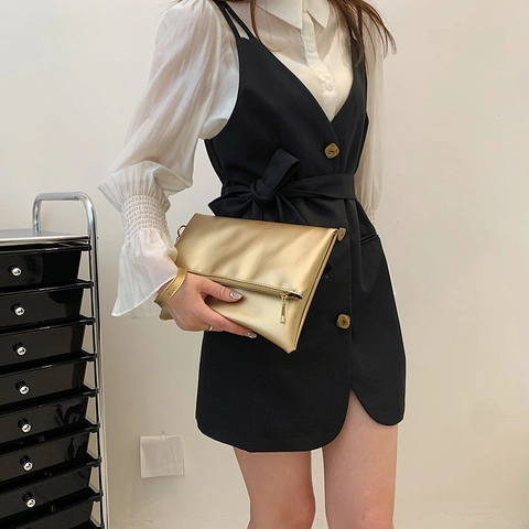 Damen Mode Einfarbig Umschlag Clutch Einfach PU Leder Abend Party Falten Über Handgelenk Geldbörse Handtasche Große Kleine Tasche