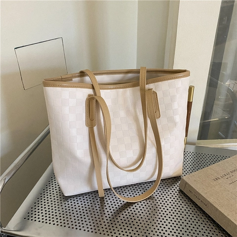 Sac Fourre-tout Grande Capacité pour Femmes à Damier Sac à Épaule Tendance en Cuir PU Décontracté Surpiqûre de Couleur Contrastée