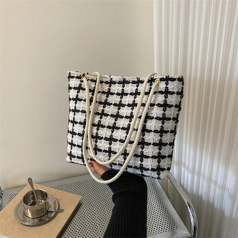 Mode Schachbrettmuster Tragetasche Damen Große Kapazität Nylon Gewebte Umhängetasche Mit Seilgriff Pendler Handtasche