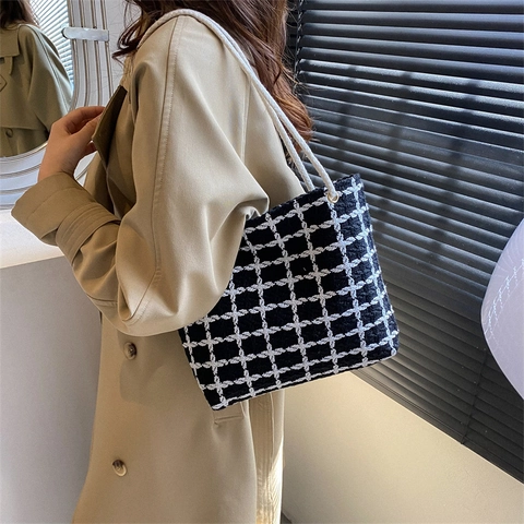 Mode Schachbrettmuster Tragetasche Damen Große Kapazität Nylon Gewebte Umhängetasche Mit Seilgriff Pendler Handtasche