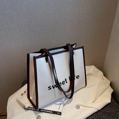 Bolso Tote de Cuero PU de Gran Capacidad para Mujer Estampado de Letras Sweet Life Color de Contraste Bolso de Hombro