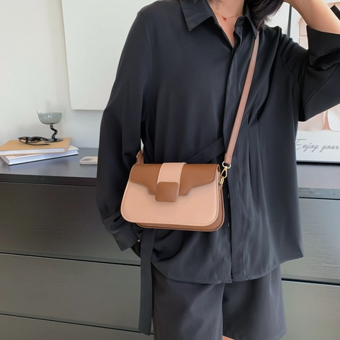 Petit Sac Carré en Cuir PU Vintage pour Femmes Mode Coréenne Sac Bandoulière à Rabat avec Surpiqûres Contrastées Quotidien