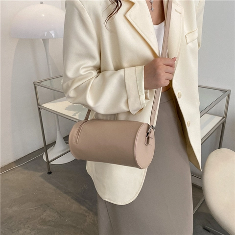 Bolso de Hombro de Cuero PU para Mujer Forma de Barril Color Sólido Bolso de Bandoliera Cilíndrico Informal Street Style