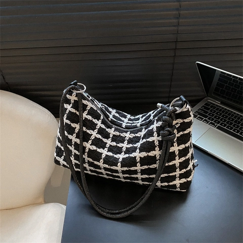 Mode Damen Karo Tote Bag Nylon Gewebt Schultertasche Große Kapazität Kariert Retro Minimalistisch Unterarm Kuriertasche