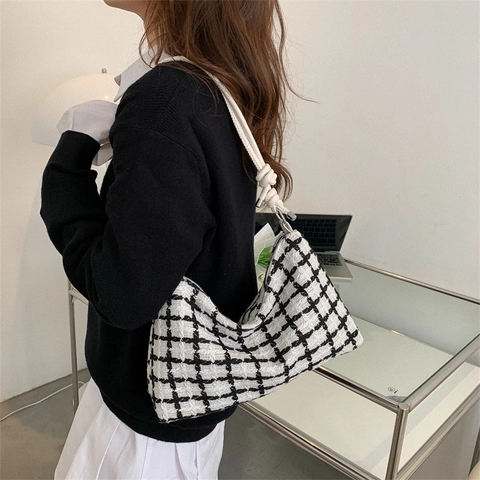 Mode Damen Karo Tote Bag Nylon Gewebt Schultertasche Große Kapazität Kariert Retro Minimalistisch Unterarm Kuriertasche