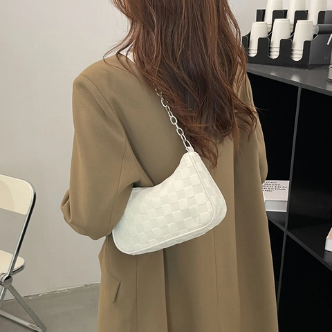 Sac à Bandoulière en Toile à Damiers pour Femmes Sac sous le Bras à la Mode Avec Chaîne en Métal Petit Sac Carré Quotidien