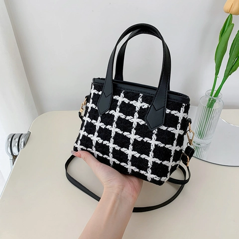 Vintage Nylon Plaid Shoulder Bag For Women Small Square Crossbody Handbag With Elegant Design And Detachable Monster Charm