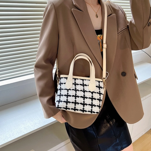 Vintage Nylon Plaid Shoulder Bag For Women Small Square Crossbody Handbag With Elegant Design And Detachable Monster Charm