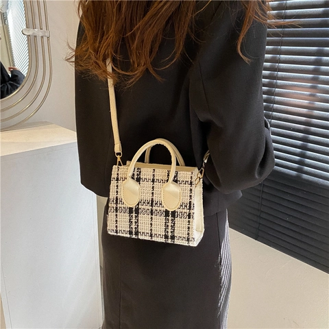Vintage Plaid Nylon Shoulder Bag For Women Retro Checkered Pattern Top Handle Crossbody Bag Trendy Square Handbag
