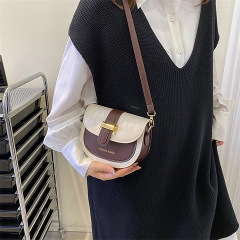Sac Besace Vintage Color Block pour Femmes en Cuir PU Matelassé en Losange Sac à Épaule Boucle Dorée Sac Bandoulière de Mode