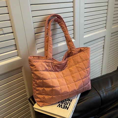 Bolso Tote Acolchado de Gran Capacidad para Mujer Bolso de Hombro de Nailon Ligero Bolso de Mano Sencillo Casual de Color Sólido