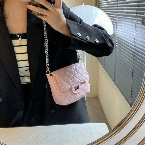 Bolso de Hombro Acolchado con Cadena para Mujer Bolso Cruzado Cuadrado Pequeño de Cuero de PU con Cierre Metálico Color Sólido