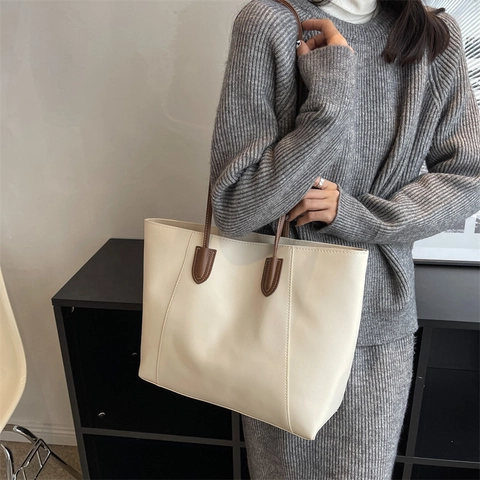 Borsa Tote da Donna in Pelle PU Grande Capacità Cuciture a Contrasto Borsa a Tracolla Minimalista Stile Urbano Casual
