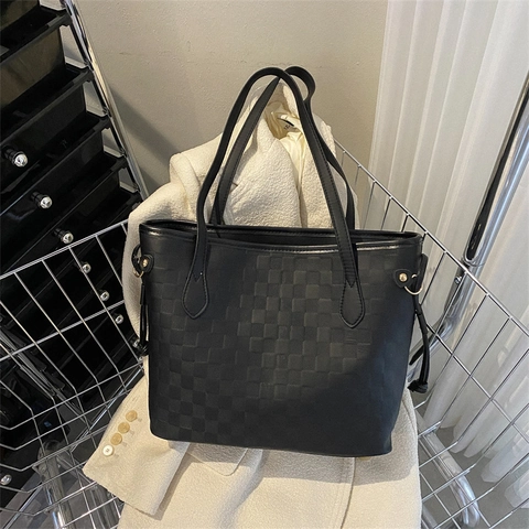 Damen Große Kapazität PU Leder Einkaufstasche Mode Schachbrettmuster Gesteppt Schultertasche Pendeln Handtasche Für Büro Alltag