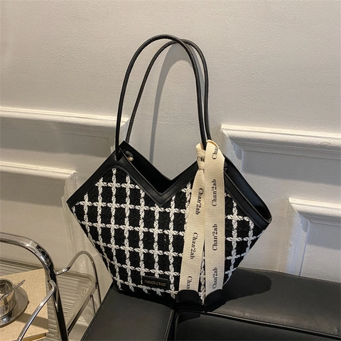 Damen Große Kapazität Karo Tote Bag Nylon Tweed Textur V-Öffnung Umhängetasche Mit Schleife Für Schule Büro Mode Handtasche