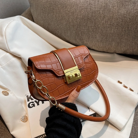 Krokodilmuster PU-Leder Kleine Quadratische Schultertasche Für Damen Vintage Kettenriemen Umhängetasche Mit Goldenem Metallschloss