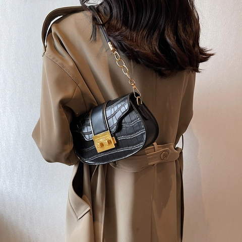 Krokodilmuster PU-Leder Kleine Quadratische Schultertasche Für Damen Vintage Kettenriemen Umhängetasche Mit Goldenem Metallschloss