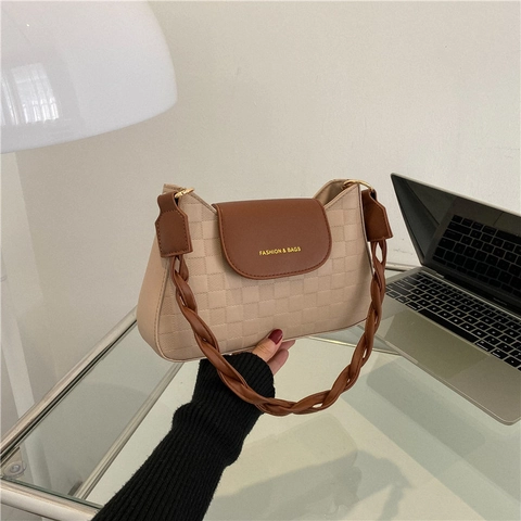Borsa a Spalla da Donna in Pelle PU a Scacchiera Retro Tracolla Intrecciata Borsa Sottobraccio Minimalista Coreana con Patta Stampata