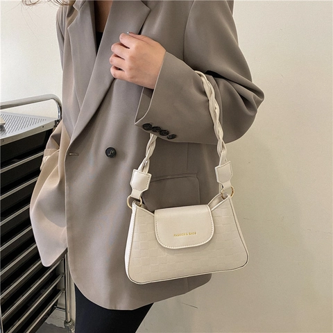 Borsa a Spalla da Donna in Pelle PU a Scacchiera Retro Tracolla Intrecciata Borsa Sottobraccio Minimalista Coreana con Patta Stampata